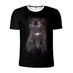 Мужская футболка 3D спортивная с принтом Чёрный котёнок в Петрозаводске, 100% полиэстер с улучшенными характеристиками | приталенный силуэт, круглая горловина, широкие плечи, сужается к линии бедра | Тематика изображения на принте: киска | кот | кошка