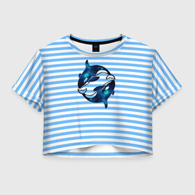Женская футболка 3D укороченная с принтом Космические косатки в Петрозаводске, 100% полиэстер | круглая горловина, длина футболки до линии талии, рукава с отворотами | orca | sea | whale | галактика | звезды | кит | косатка | космос | море | океан