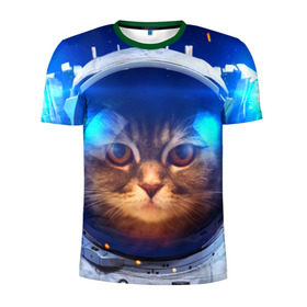 Мужская футболка 3D спортивная с принтом Кот космонавт в Петрозаводске, 100% полиэстер с улучшенными характеристиками | приталенный силуэт, круглая горловина, широкие плечи, сужается к линии бедра | кот | кошка | скафандр