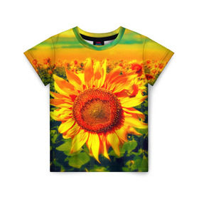Детская футболка 3D с принтом Подсолнухи в Петрозаводске, 100% гипоаллергенный полиэфир | прямой крой, круглый вырез горловины, длина до линии бедер, чуть спущенное плечо, ткань немного тянется | лето | подсолнух | солнце | цветы
