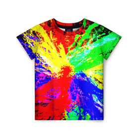 Детская футболка 3D с принтом Взрыв цветов в Петрозаводске, 100% гипоаллергенный полиэфир | прямой крой, круглый вырез горловины, длина до линии бедер, чуть спущенное плечо, ткань немного тянется | Тематика изображения на принте: брызги | краски | разноцветный | яркий
