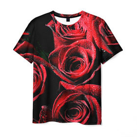 Мужская футболка 3D с принтом Розы в Петрозаводске, 100% полиэфир | прямой крой, круглый вырез горловины, длина до линии бедер | алый | красный | роса | фото | цветы