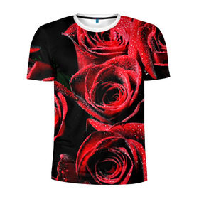 Мужская футболка 3D спортивная с принтом Розы в Петрозаводске, 100% полиэстер с улучшенными характеристиками | приталенный силуэт, круглая горловина, широкие плечи, сужается к линии бедра | алый | красный | роса | фото | цветы