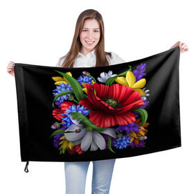 Флаг 3D с принтом Композиция цветов в Петрозаводске, 100% полиэстер | плотность ткани — 95 г/м2, размер — 67 х 109 см. Принт наносится с одной стороны | композиция | мак | ромашки | цветы