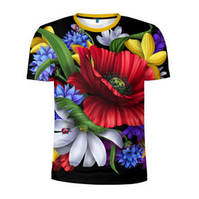 Мужская футболка 3D спортивная с принтом Композиция цветов в Петрозаводске, 100% полиэстер с улучшенными характеристиками | приталенный силуэт, круглая горловина, широкие плечи, сужается к линии бедра | Тематика изображения на принте: композиция | мак | ромашки | цветы