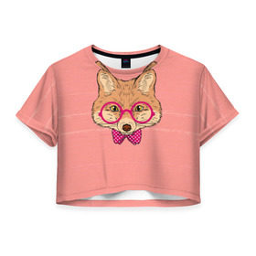 Женская футболка 3D укороченная с принтом Лиса в Петрозаводске, 100% полиэстер | круглая горловина, длина футболки до линии талии, рукава с отворотами | бантик | белый | горошек | жёлтый | коричневый | красный | лиса в очках | оранжевый | очки | розовый | цвет