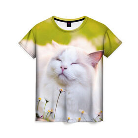 Женская футболка 3D с принтом Белая киса в Петрозаводске, 100% полиэфир ( синтетическое хлопкоподобное полотно) | прямой крой, круглый вырез горловины, длина до линии бедер | cat | киса | котенок | кошка | лето | ромашки | солнце