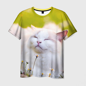 Мужская футболка 3D с принтом Белая киса в Петрозаводске, 100% полиэфир | прямой крой, круглый вырез горловины, длина до линии бедер | cat | киса | котенок | кошка | лето | ромашки | солнце