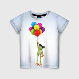 Детская футболка 3D с принтом Лягушка на воздушных шарах в Петрозаводске, 100% гипоаллергенный полиэфир | прямой крой, круглый вырез горловины, длина до линии бедер, чуть спущенное плечо, ткань немного тянется | Тематика изображения на принте: 