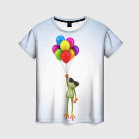 Женская футболка 3D с принтом Лягушка на воздушных шарах в Петрозаводске, 100% полиэфир ( синтетическое хлопкоподобное полотно) | прямой крой, круглый вырез горловины, длина до линии бедер | 