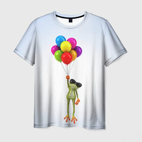 Мужская футболка 3D с принтом Лягушка на воздушных шарах в Петрозаводске, 100% полиэфир | прямой крой, круглый вырез горловины, длина до линии бедер | 