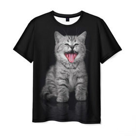 Мужская футболка 3D с принтом Весёлый котик в Петрозаводске, 100% полиэфир | прямой крой, круглый вырез горловины, длина до линии бедер | Тематика изображения на принте: кот | кошка | прикол