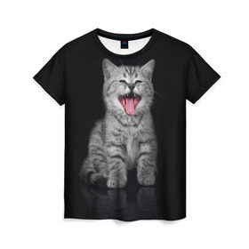 Женская футболка 3D с принтом Весёлый котик в Петрозаводске, 100% полиэфир ( синтетическое хлопкоподобное полотно) | прямой крой, круглый вырез горловины, длина до линии бедер | кот | кошка | прикол