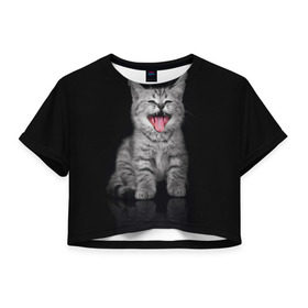 Женская футболка 3D укороченная с принтом Весёлый котик в Петрозаводске, 100% полиэстер | круглая горловина, длина футболки до линии талии, рукава с отворотами | Тематика изображения на принте: кот | кошка | прикол