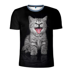 Мужская футболка 3D спортивная с принтом Весёлый котик в Петрозаводске, 100% полиэстер с улучшенными характеристиками | приталенный силуэт, круглая горловина, широкие плечи, сужается к линии бедра | Тематика изображения на принте: кот | кошка | прикол