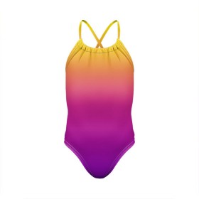 Детский купальник 3D с принтом Чёткий градиент в Петрозаводске, Полиэстер 85%, Спандекс 15% | Слитный крой, подклад по переду изделия, узкие бретели | cs:go | градиент | диджей | желтый | музыка | розовый | синий | фиолетовый | чёткий