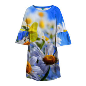 Детское платье 3D с принтом Ромашки и бабочка в Петрозаводске, 100% полиэстер | прямой силуэт, чуть расширенный к низу. Круглая горловина, на рукавах — воланы | бабочки | лето | природа | ромашки | цветы