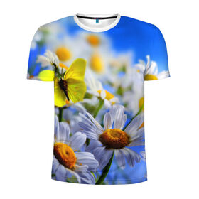 Мужская футболка 3D спортивная с принтом Ромашки и бабочка в Петрозаводске, 100% полиэстер с улучшенными характеристиками | приталенный силуэт, круглая горловина, широкие плечи, сужается к линии бедра | бабочки | лето | природа | ромашки | цветы