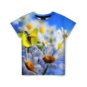 Детская футболка 3D с принтом Ромашки и бабочка в Петрозаводске, 100% гипоаллергенный полиэфир | прямой крой, круглый вырез горловины, длина до линии бедер, чуть спущенное плечо, ткань немного тянется | бабочки | лето | природа | ромашки | цветы