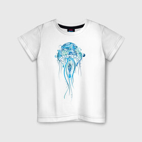 Детская футболка хлопок с принтом Синяя медуза в Петрозаводске, 100% хлопок | круглый вырез горловины, полуприлегающий силуэт, длина до линии бедер | Тематика изображения на принте: красота | медуза | море | рисунок | синий | стиль | щупальца