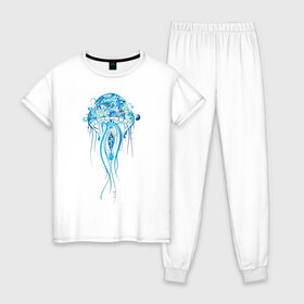 Женская пижама хлопок с принтом Синяя медуза в Петрозаводске, 100% хлопок | брюки и футболка прямого кроя, без карманов, на брюках мягкая резинка на поясе и по низу штанин | красота | медуза | море | рисунок | синий | стиль | щупальца