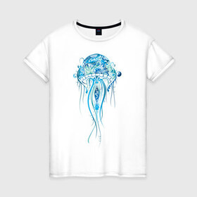 Женская футболка хлопок с принтом Синяя медуза в Петрозаводске, 100% хлопок | прямой крой, круглый вырез горловины, длина до линии бедер, слегка спущенное плечо | красота | медуза | море | рисунок | синий | стиль | щупальца