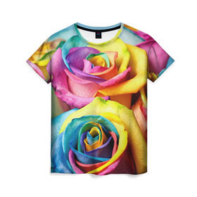 Женская футболка 3D с принтом Цветные розы в Петрозаводске, 100% полиэфир ( синтетическое хлопкоподобное полотно) | прямой крой, круглый вырез горловины, длина до линии бедер | девушкам | розы | цветные | цветы