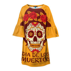 Детское платье 3D с принтом Мексиканский череп в Петрозаводске, 100% полиэстер | прямой силуэт, чуть расширенный к низу. Круглая горловина, на рукавах — воланы | cobwebs | color | day of the dead | dead | death | eyes | girl | holiday | makeup | mask | mexican skull | mexico | ornament | pattern | взгляд | девушка | день мертвых | макияж | маска | мексика | мексиканский череп | мертвецов | орнамент | паутина | пра