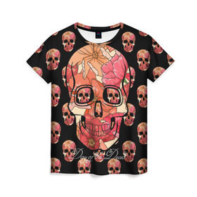 Женская футболка 3D с принтом Мексиканский череп в Петрозаводске, 100% полиэфир ( синтетическое хлопкоподобное полотно) | прямой крой, круглый вырез горловины, длина до линии бедер | день мертвых | мексика | паттерн | традиция | узоры | цветы