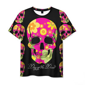 Мужская футболка 3D с принтом Мексиканский череп в Петрозаводске, 100% полиэфир | прямой крой, круглый вырез горловины, длина до линии бедер | день мертвыхэ | мексика | разноцветный | традция | узоры | цветы | яркий
