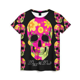 Женская футболка 3D с принтом Мексиканский череп в Петрозаводске, 100% полиэфир ( синтетическое хлопкоподобное полотно) | прямой крой, круглый вырез горловины, длина до линии бедер | день мертвыхэ | мексика | разноцветный | традция | узоры | цветы | яркий