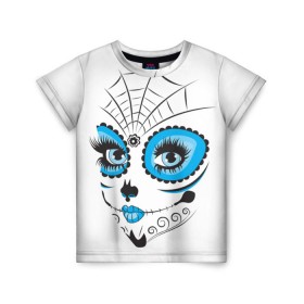 Детская футболка 3D с принтом Мексиканский череп в Петрозаводске, 100% гипоаллергенный полиэфир | прямой крой, круглый вырез горловины, длина до линии бедер, чуть спущенное плечо, ткань немного тянется | белый | девушка | день мертвых | мексика | традция | узоры | цветы