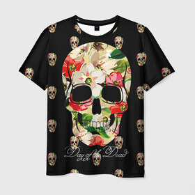 Мужская футболка 3D с принтом Мексиканский череп в Петрозаводске, 100% полиэфир | прямой крой, круглый вырез горловины, длина до линии бедер | Тематика изображения на принте: день мертвых | мексика | паттерн | темный | традция | узоры | цветочный | цветы