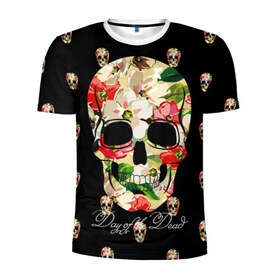 Мужская футболка 3D спортивная с принтом Мексиканский череп в Петрозаводске, 100% полиэстер с улучшенными характеристиками | приталенный силуэт, круглая горловина, широкие плечи, сужается к линии бедра | день мертвых | мексика | паттерн | темный | традция | узоры | цветочный | цветы