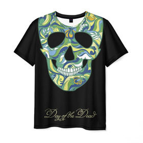 Мужская футболка 3D с принтом Мексиканский череп в Петрозаводске, 100% полиэфир | прямой крой, круглый вырез горловины, длина до линии бедер | день мертвых | мексика | разноцветный | традиция | узоры | цветы | черный | яркий