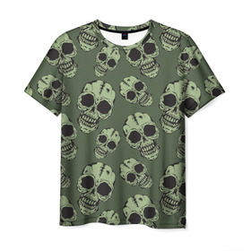 Мужская футболка 3D с принтом Зеленые черепа в Петрозаводске, 100% полиэфир | прямой крой, круглый вырез горловины, длина до линии бедер | болотный | паттерн