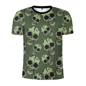 Мужская футболка 3D спортивная с принтом Зеленые черепа в Петрозаводске, 100% полиэстер с улучшенными характеристиками | приталенный силуэт, круглая горловина, широкие плечи, сужается к линии бедра | болотный | паттерн