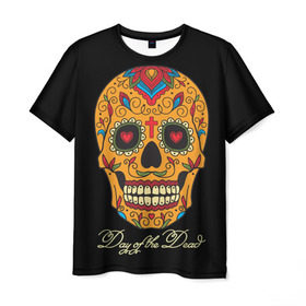 Мужская футболка 3D с принтом Мексиканский череп в Петрозаводске, 100% полиэфир | прямой крой, круглый вырез горловины, длина до линии бедер | день мертвых | мексика | традция | узоры | цветы