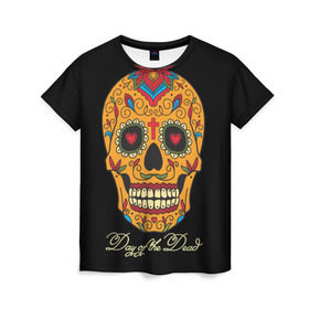 Женская футболка 3D с принтом Мексиканский череп в Петрозаводске, 100% полиэфир ( синтетическое хлопкоподобное полотно) | прямой крой, круглый вырез горловины, длина до линии бедер | Тематика изображения на принте: день мертвых | мексика | традция | узоры | цветы