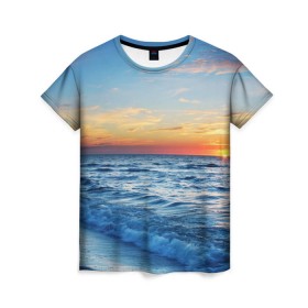 Женская футболка 3D с принтом Море на закате в Петрозаводске, 100% полиэфир ( синтетическое хлопкоподобное полотно) | прямой крой, круглый вырез горловины, длина до линии бедер | волны | закат | море | небо | облака | пейзаж | пляж