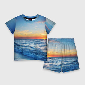 Детский костюм с шортами 3D с принтом Море на закате в Петрозаводске,  |  | волны | закат | море | небо | облака | пейзаж | пляж