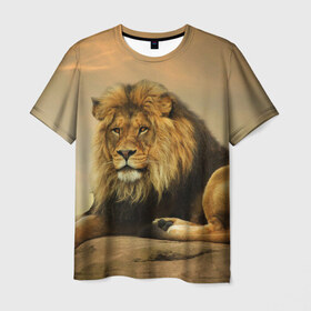 Мужская футболка 3D с принтом Величиственый лев в Петрозаводске, 100% полиэфир | прямой крой, круглый вырез горловины, длина до линии бедер | Тематика изображения на принте: царь зверей