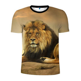 Мужская футболка 3D спортивная с принтом Величиственый лев в Петрозаводске, 100% полиэстер с улучшенными характеристиками | приталенный силуэт, круглая горловина, широкие плечи, сужается к линии бедра | царь зверей
