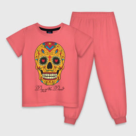 Детская пижама хлопок с принтом Мексиканский череп в Петрозаводске, 100% хлопок |  брюки и футболка прямого кроя, без карманов, на брюках мягкая резинка на поясе и по низу штанин
 | color | day of the dead | dead | death | halloween | holiday | mexican skull | mexico | ornament | pattern | день мертвых | мексика | мексиканский череп | мертвецов | орнамент | праздник | узоры | хэллоуин | цветы