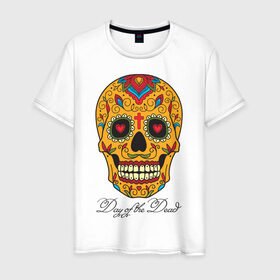 Мужская футболка хлопок с принтом Мексиканский череп в Петрозаводске, 100% хлопок | прямой крой, круглый вырез горловины, длина до линии бедер, слегка спущенное плечо. | Тематика изображения на принте: color | day of the dead | dead | death | halloween | holiday | mexican skull | mexico | ornament | pattern | день мертвых | мексика | мексиканский череп | мертвецов | орнамент | праздник | узоры | хэллоуин | цветы