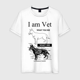Мужская футболка хлопок с принтом I Am Vet в Петрозаводске, 100% хлопок | прямой крой, круглый вырез горловины, длина до линии бедер, слегка спущенное плечо. | Тематика изображения на принте: ветеринар | ветеринарный врач | кошки | скелет | собаки