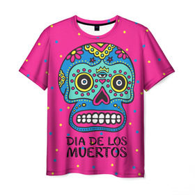 Мужская футболка 3D с принтом Мексиканский череп в Петрозаводске, 100% полиэфир | прямой крой, круглый вырез горловины, длина до линии бедер | Тематика изображения на принте: день мертвыхб сахарный череп | мексика | традиция | узоры | цветы