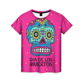 Женская футболка 3D с принтом Мексиканский череп в Петрозаводске, 100% полиэфир ( синтетическое хлопкоподобное полотно) | прямой крой, круглый вырез горловины, длина до линии бедер | день мертвыхб сахарный череп | мексика | традиция | узоры | цветы