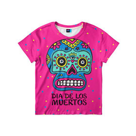 Детская футболка 3D с принтом Мексиканский череп в Петрозаводске, 100% гипоаллергенный полиэфир | прямой крой, круглый вырез горловины, длина до линии бедер, чуть спущенное плечо, ткань немного тянется | Тематика изображения на принте: день мертвыхб сахарный череп | мексика | традиция | узоры | цветы