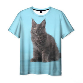 Мужская футболка 3D с принтом Кот мейн кун в Петрозаводске, 100% полиэфир | прямой крой, круглый вырез горловины, длина до линии бедер | котенок | мейнкун